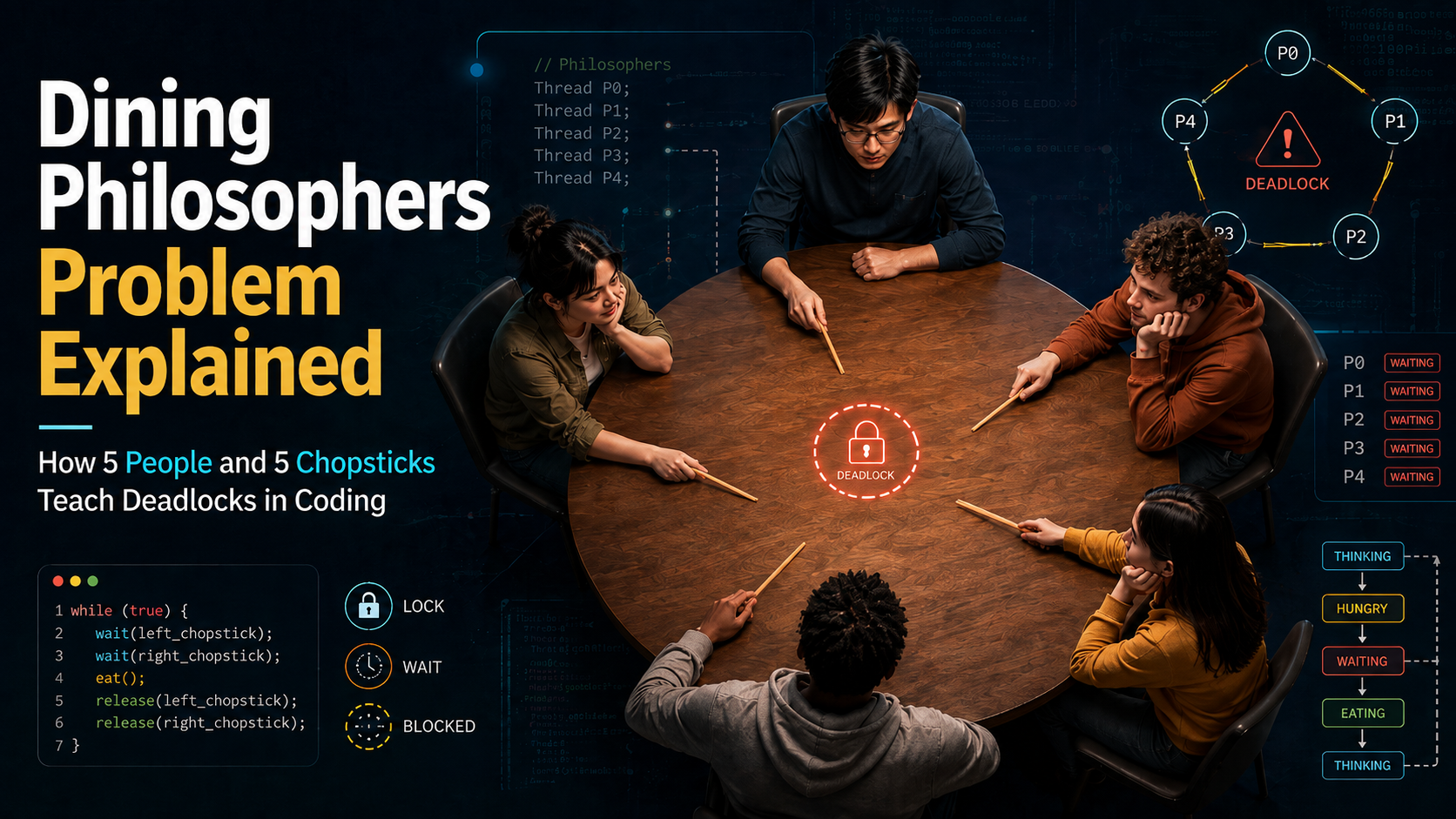 Dining Philosophers Problem Explained: How 5 People and 5 Chopsticks Teach Deadlocks in Coding